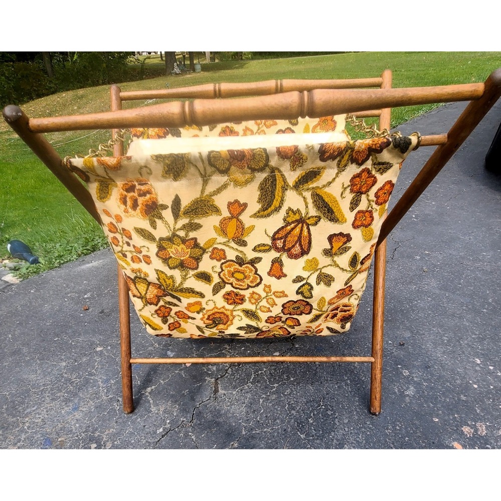 Vintage Floral Crewel Knitting Basket Folding Wood Frame Yarn Holder Needlepoint